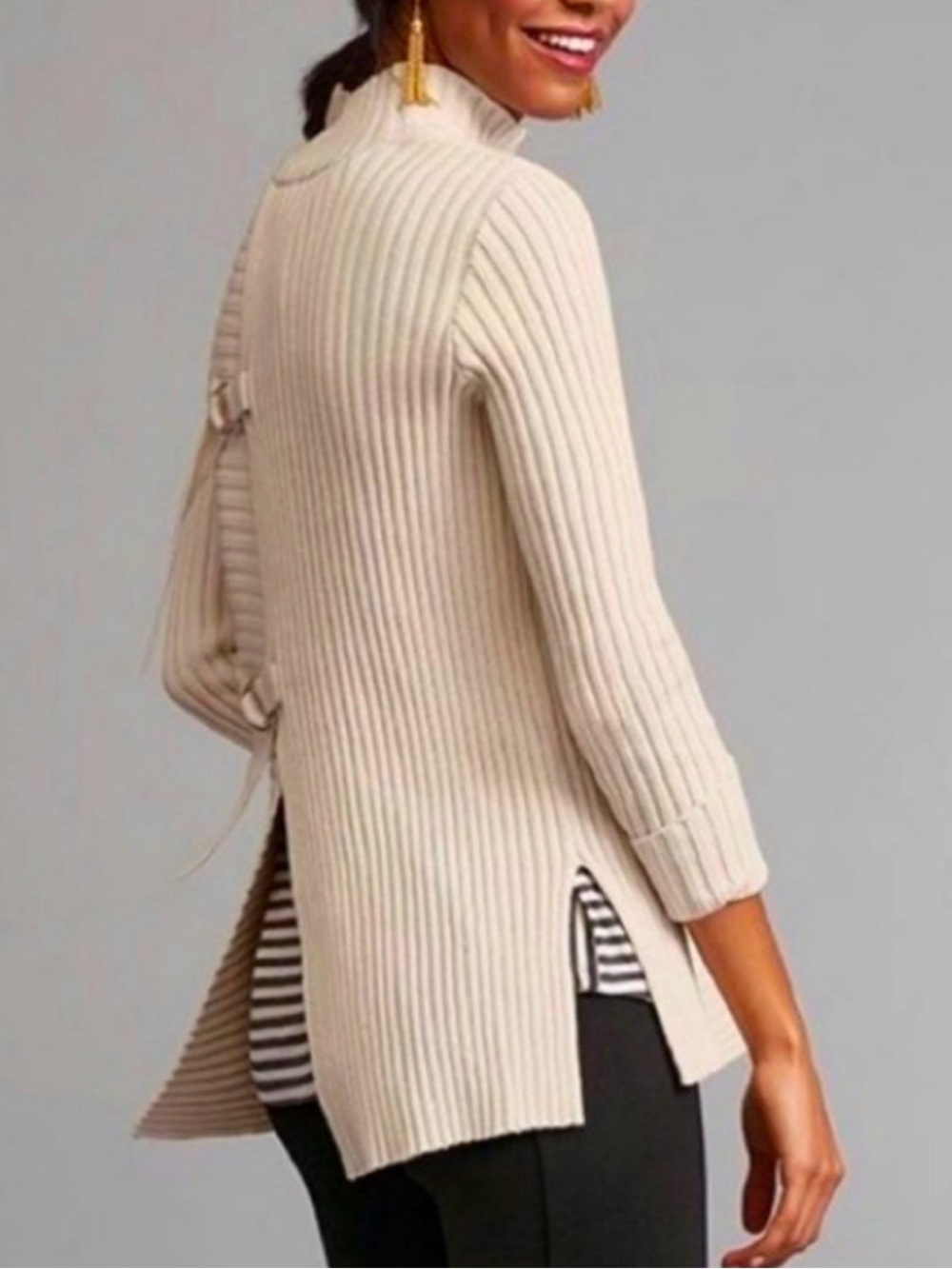 CAbi D-Ring Pullover Sweater XL Ivory Mock Neck Ribbed Asymmetrical Tunic
